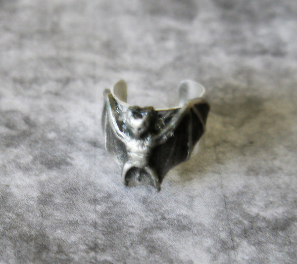 Wee Little Bat In Flight Adjustable Silver Ear Cuff