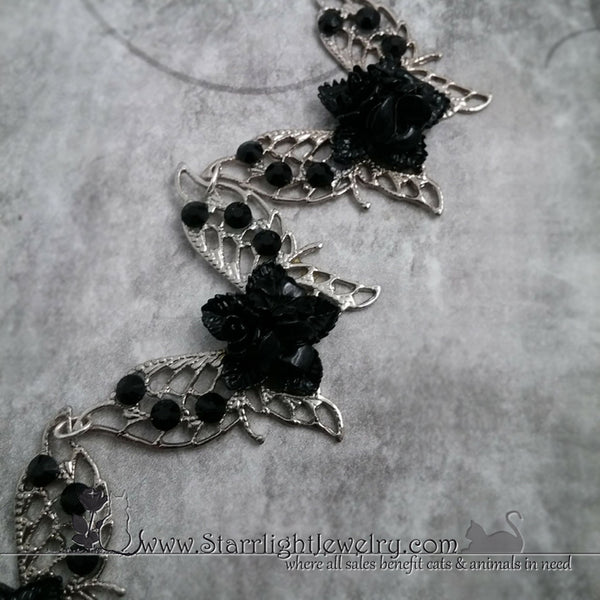 Black Rose Butterly Filigree Crystal Necklace - One Of A Kind