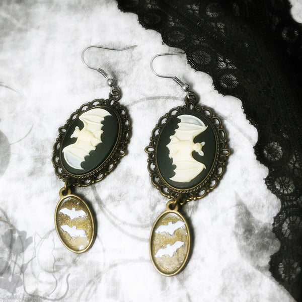 Ivory And Brass Bat Cameo Earrings