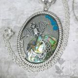 Art Deco Abalone Stone Filigree Bat Moon Stainless Steel Chain Necklace