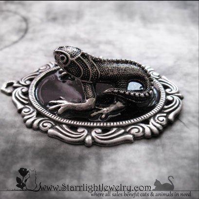 Handpainted Black And Silver Chameleon Necklace Pendant