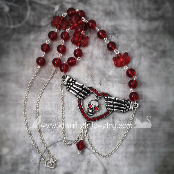 The Love Of Death Red Rhinestone Skull Heart Necklace